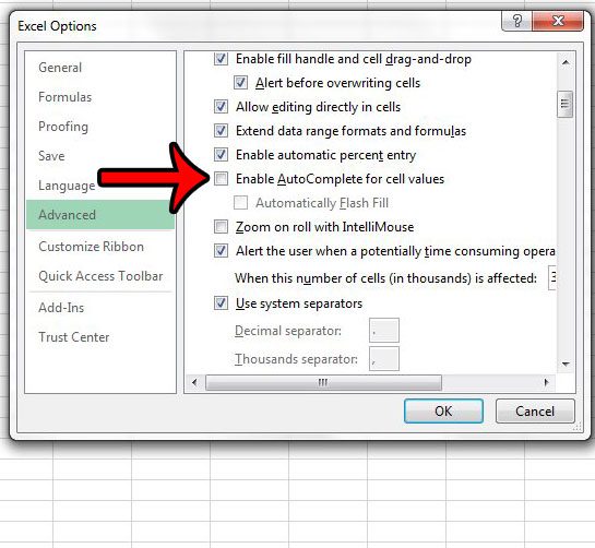 Как отключить автозаполнение для значений ячеек в Excel 2013