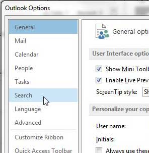 Как искать все папки в Outlook 2013
