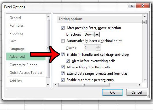 Как включить дескриптор заполнения в Excel 2013
