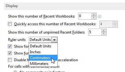 Как изменить линейку с дюймов на сантиметры в Excel 2013
