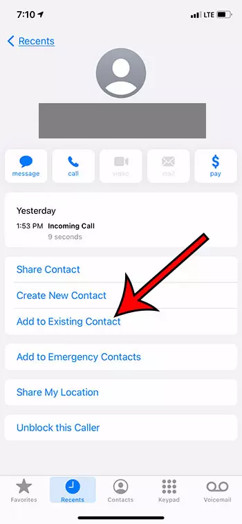 Как добавить недавний вызов к существующему контакту на iPhone 11