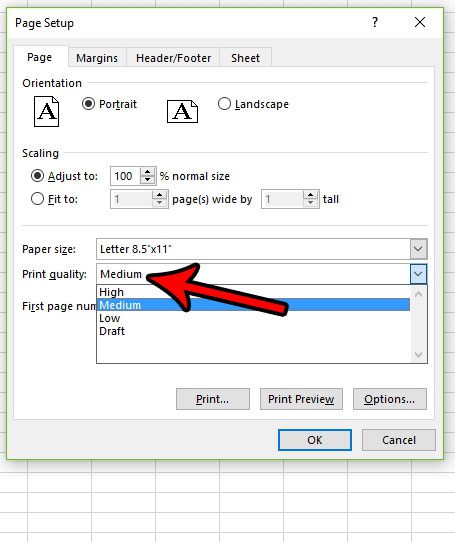 Как изменить качество печати в Excel 2016