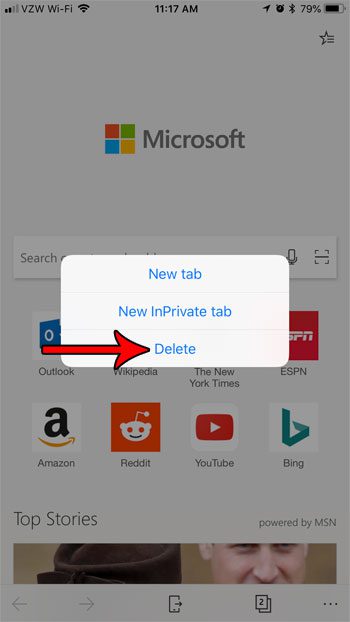 Как удалить значок сайта со страницы новой вкладки в приложении Microsoft Edge для iPhone