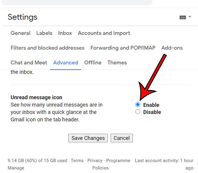 Как включить значок непрочитанного сообщения в Gmail