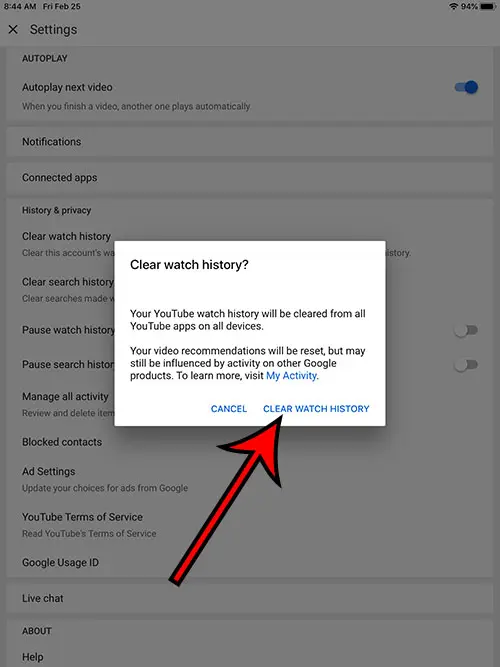 Как удалить историю YouTube на iPad