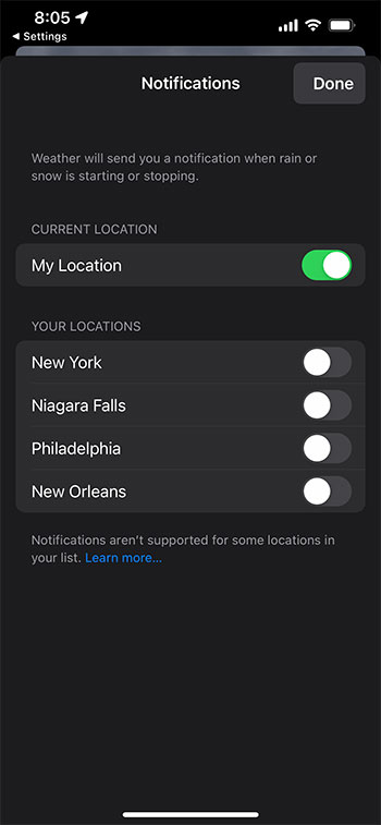 Как включить или отключить уведомления о дожде и снеге в приложении погоды для iPhone