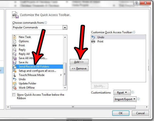 Как добавить кнопку отправки и получения на панель быстрого доступа в Outlook 2013