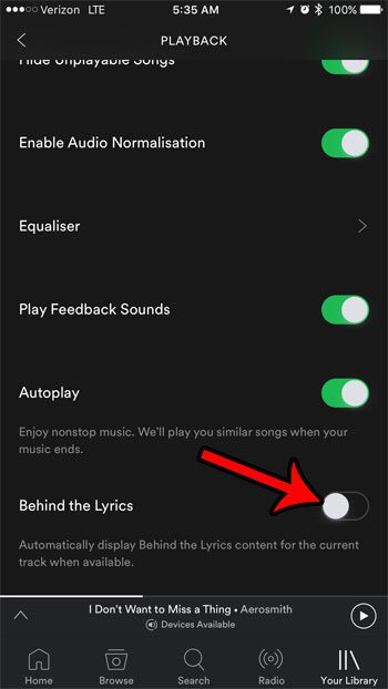 Как отключить текст за текстом в приложении Spotify для iPhone