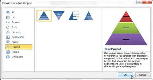 Как вставить пирамиду в Microsoft Excel 2010