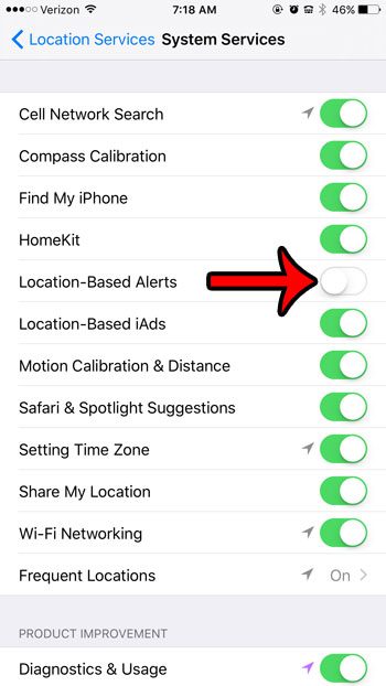 Как отключить оповещения на основе местоположения на iPhone 6